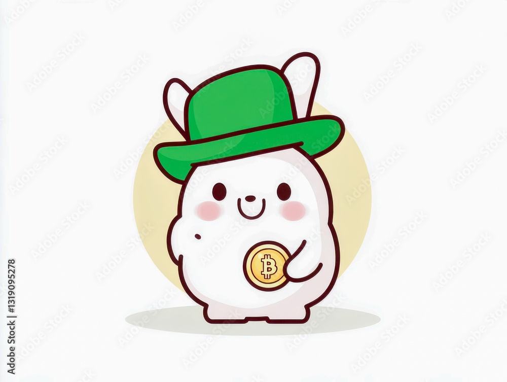 Fototapeta premium Cute white bunny wearing green hat holding bitcoin gold coin