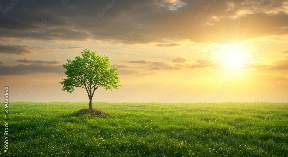 panorama small tree growing with sunrise. green world and earth day concept panorama small tree growing with sunrise. green world and earth day concept