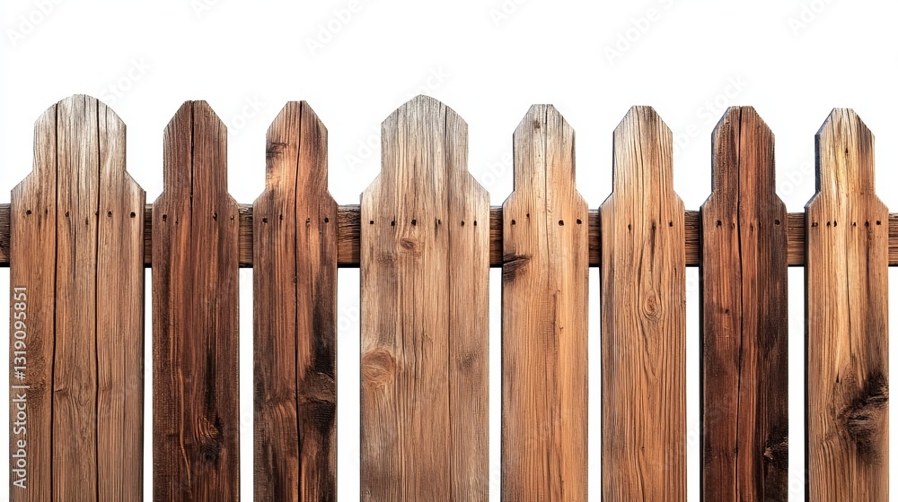 Obraz premium Wooden fence isolated on a white background, includes a clipping path for easy design integration.