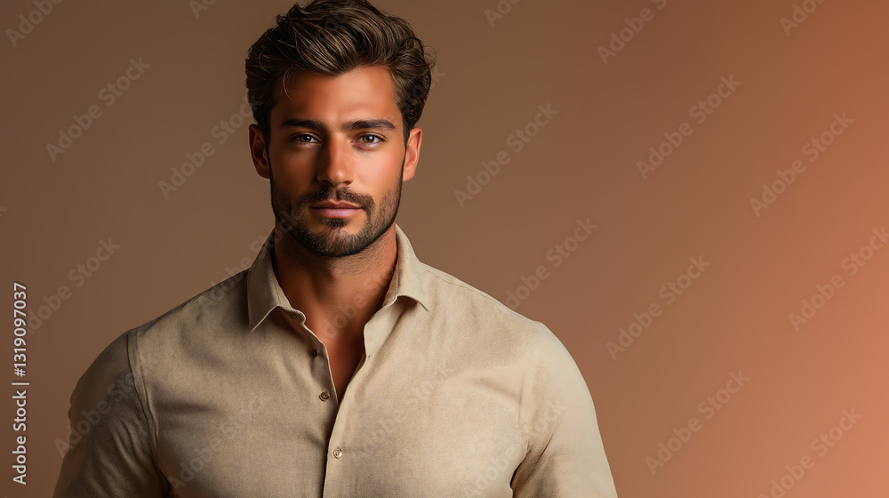 Fototapeta premium confident and handsome man against clean mocha mousse background, generative ai