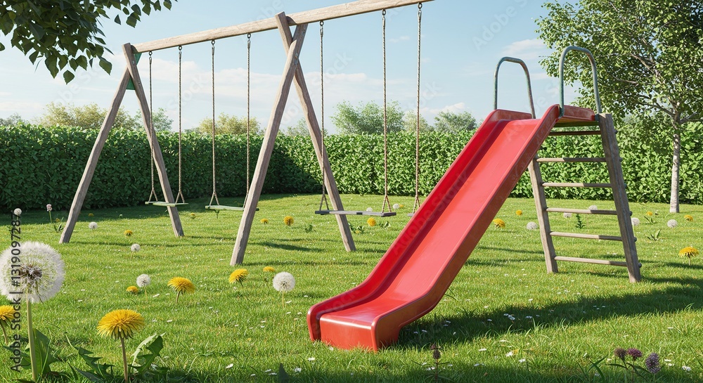 Fototapeta premium Playground with Slides and Swings on Lush Green Lawn with Flowers