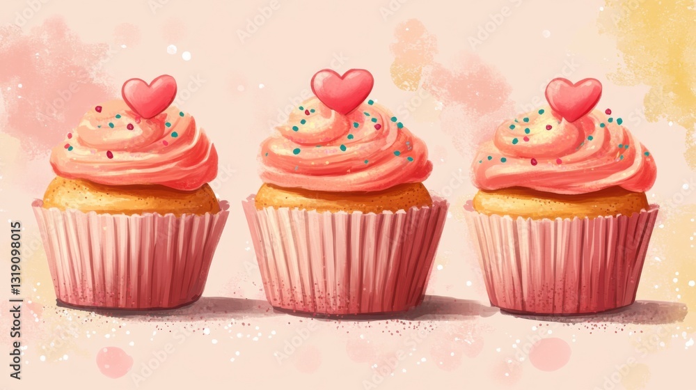 Three Delicious Pink Cupcakes with Heart Decorations: A Sweet Treat for Valentine's Day or Any Special Occasion Three Delicious Pink Cupcakes with Heart Decorations: A Sweet Treat for Valentine's Day or Any Special Occasion