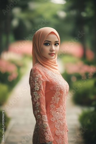 A malay lady wearing an orange modern baju kurung with lace.