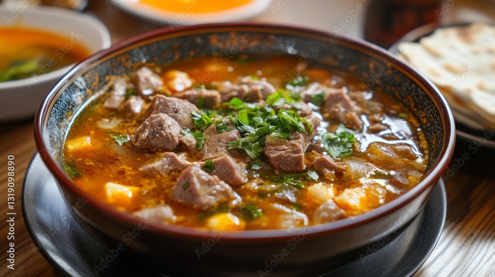Savor the hearty combination of tender lamb and freshly soaked pita bread, highlighting the unique culinary traditions of Xian, China. A true gastronomic delight! Savor the hearty combination of tender lamb and freshly soaked pita bread, highlighting the unique culinary traditions of Xian, China. A true gastronomic delight!