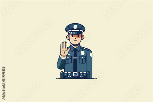 Illustration of a policeman showing stop hand gesture. Confident police officer. Vector illustration.