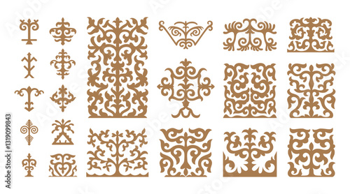 Vector set of geometric ornaments in Kazakh style. Traditional pattern for decoration of textile, household items. Elements of the national decor of the ancient nomads of the Kazakhs, Kyrgyz, Mongols