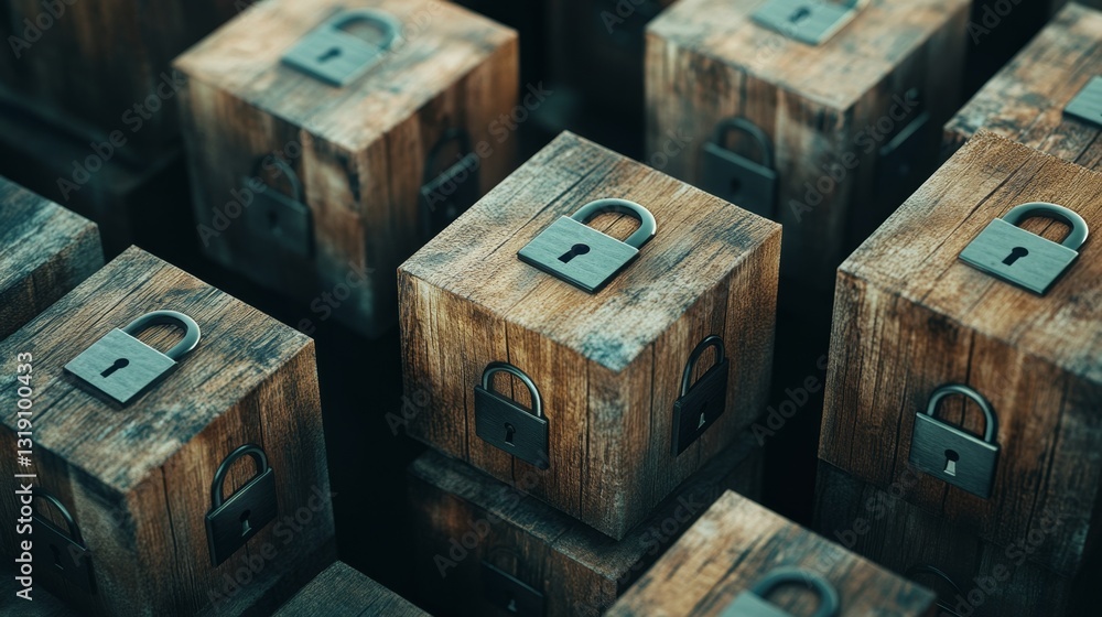 Aerial View of Wooden Boxes with Locks in Neat Arrangement Aerial View of Wooden Boxes with Locks in Neat Arrangement