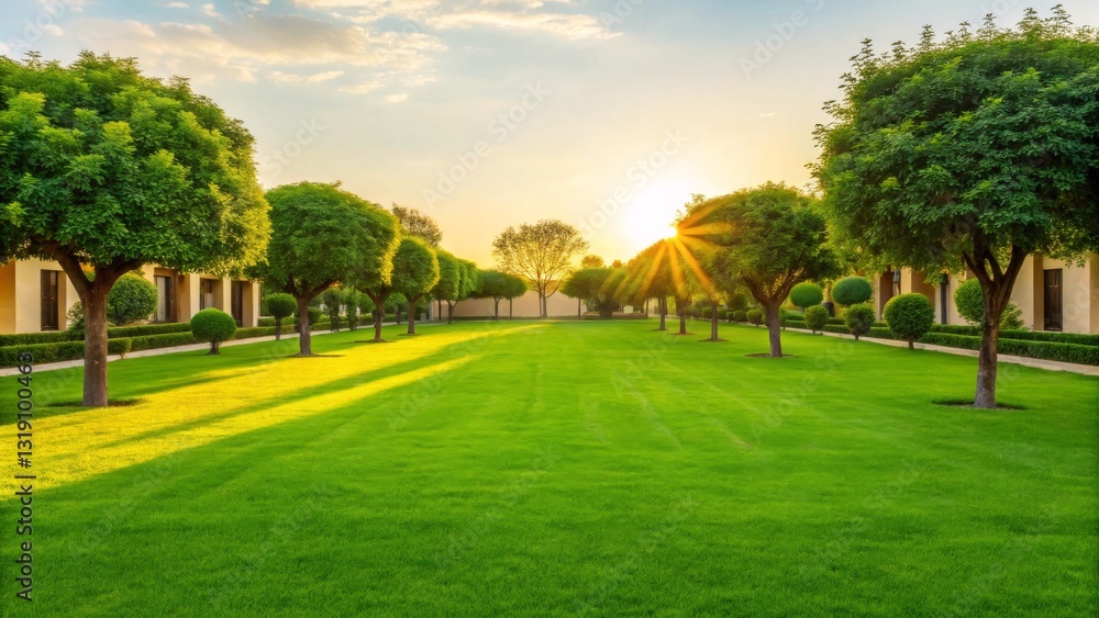 Obraz premium A serene landscape featuring lush green grass, evenly spaced trees, and a beautiful sunset, creating a peaceful and inviting atmosphere.