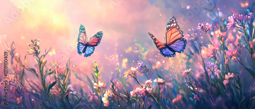 Wallpaper Mural Vibrant butterflies flutter over a blooming summer meadow, bathed in golden sunlight, bokeh. A dreamy, magical scene full of color, nature and warmth. Summer background. Generative ai Torontodigital.ca