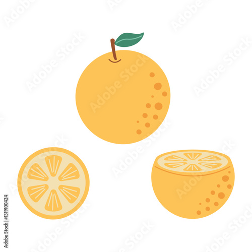 Flat design illustration of whole and sliced orange.  Minimalist flat design illustration of an orange fruit, featuring a whole orange, a half-cut orange, and a round slice on a white background