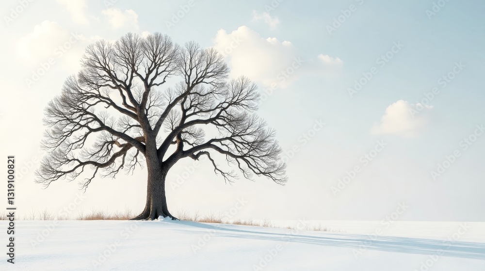 A solitary, leafless oak tree stands serene in a snow-covered field under a pale winter sky, its branches reaching towards the soft light. A solitary, leafless oak tree stands serene in a snow-covered field under a pale winter sky, its branches reaching towards the soft light.