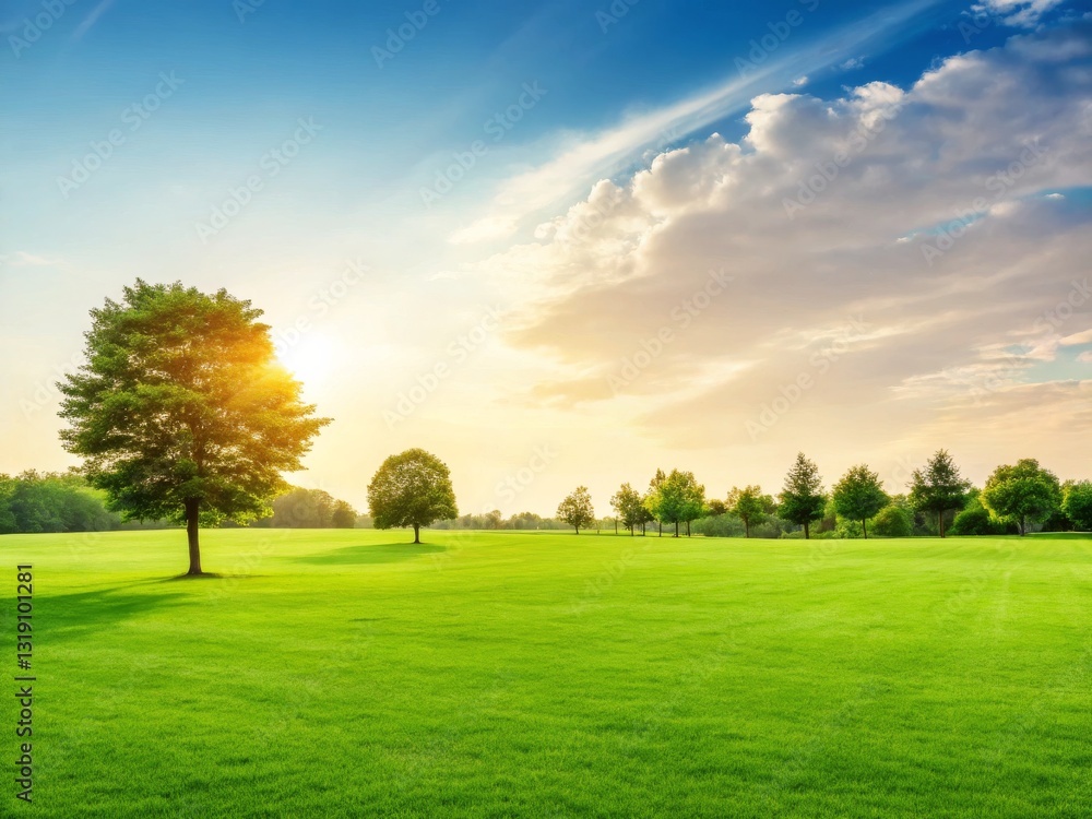 A serene landscape featuring lush green grass, scattered trees, and a bright sunset illuminating the sky with soft clouds. A serene landscape featuring lush green grass, scattered trees, and a bright sunset illuminating the sky with soft clouds.