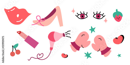 Set of happy international woman day doodles, girls fashion cartoon elements, clip art for stickers, prints, cards, social media decor, scrapbooking, valentine. Vector illustration