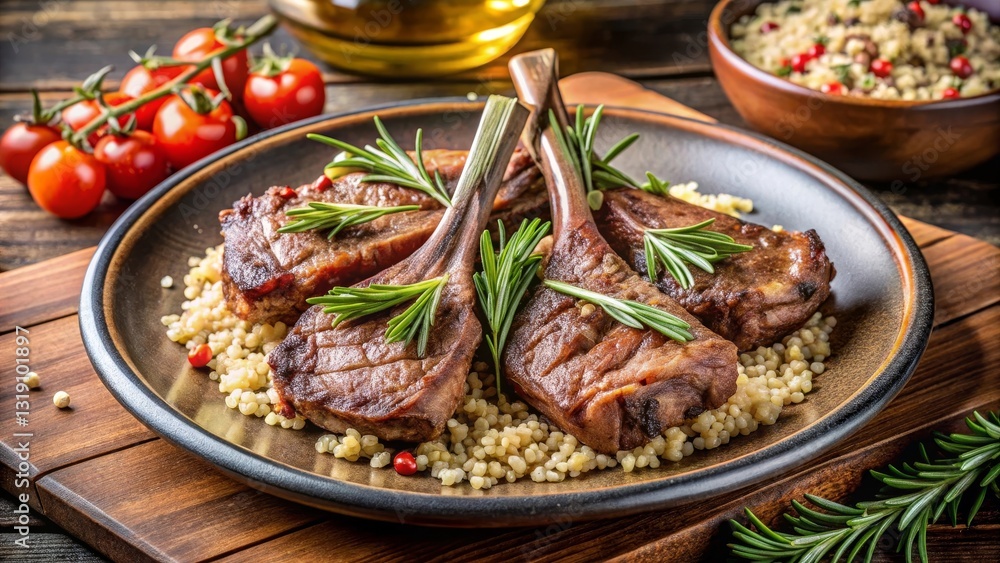 Aromatic Rosemary Lamb Chops Served on a Bed of Pearl Couscous Aromatic Rosemary Lamb Chops Served on a Bed of Pearl Couscous