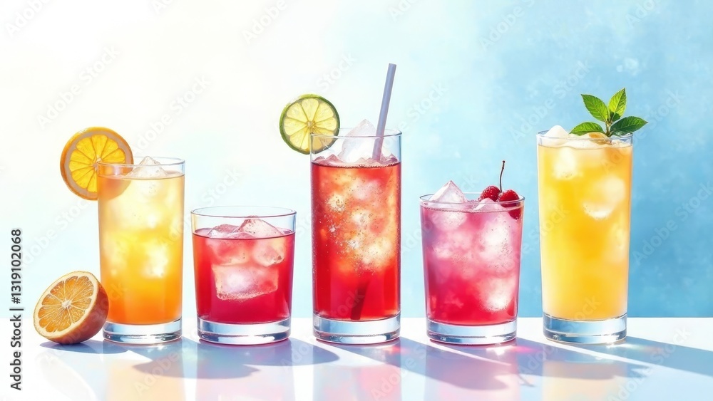 Refreshing Summer Beverages A Lineup of Colorful Iced Drinks in Tall Glasses Refreshing Summer Beverages A Lineup of Colorful Iced Drinks in Tall Glasses