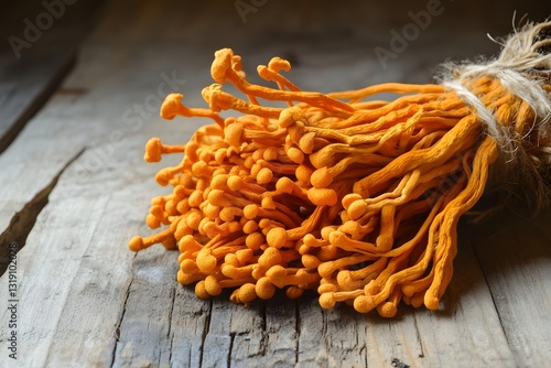 Cordyceps Mushrooms on Rustic Wooden Surface