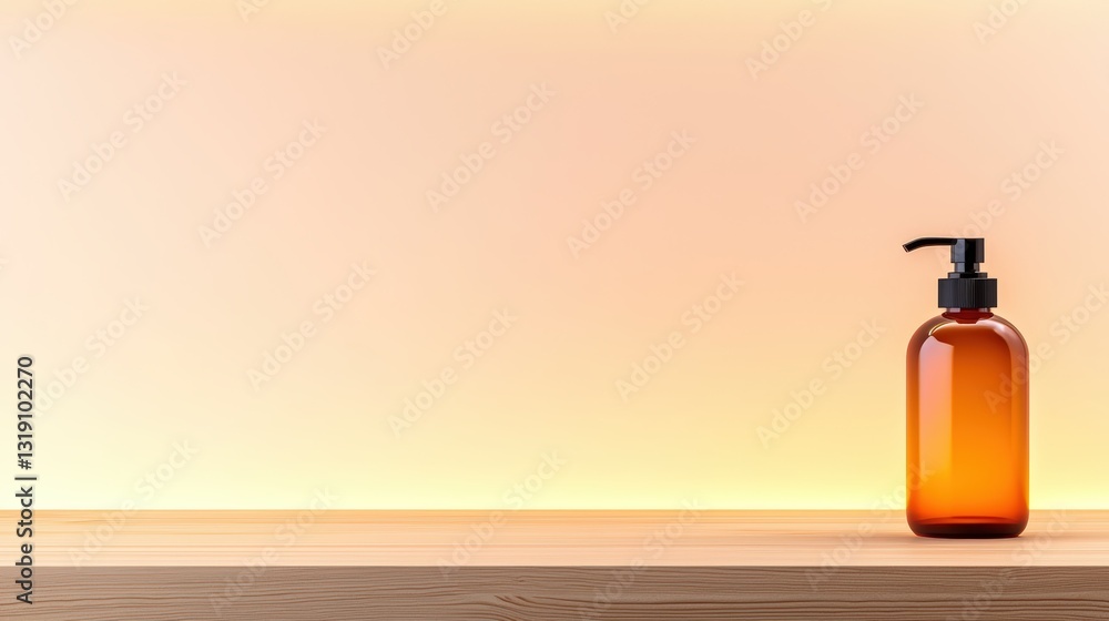 A sleek amber glass bottle with a pump sits on a wooden surface against a soft gradient background. A sleek amber glass bottle with a pump sits on a wooden surface against a soft gradient background.
