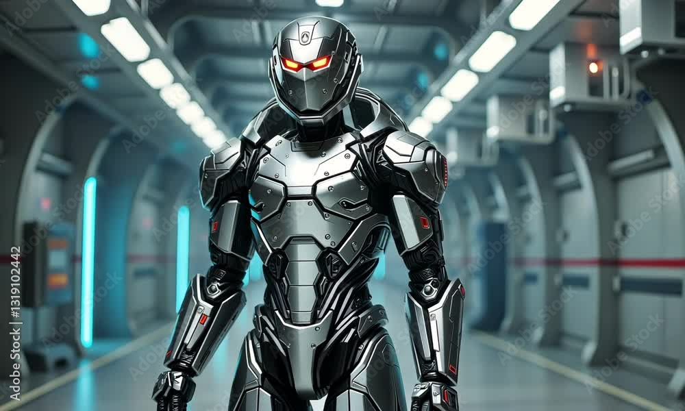 Cybernetic Sentinel: A futuristic robot in a metallic corridor Cybernetic Sentinel: A futuristic robot in a metallic corridor