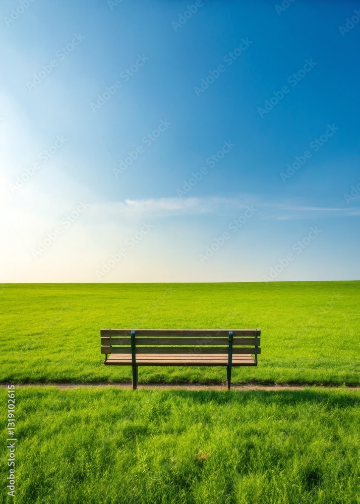 A solitary bench sits on a lush green field under a vast blue sky, inviting reflection and tranquility in a serene outdoor setting. A solitary bench sits on a lush green field under a vast blue sky, inviting reflection and tranquility in a serene outdoor setting.