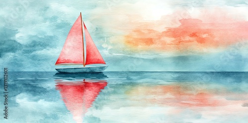 Serene Sailboat: Watercolor Sunset Seascape