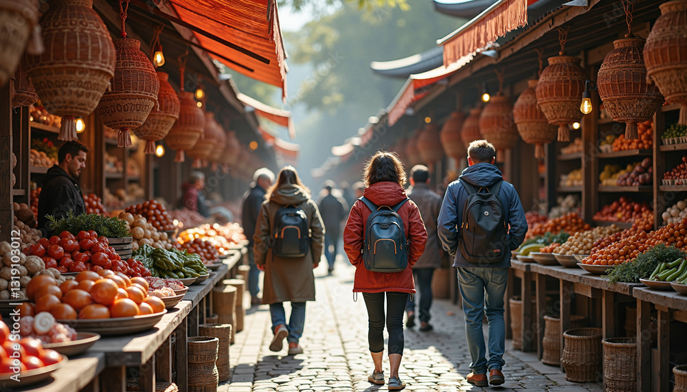 Naklejka premium Tourists exploring a traditional market with fresh produce