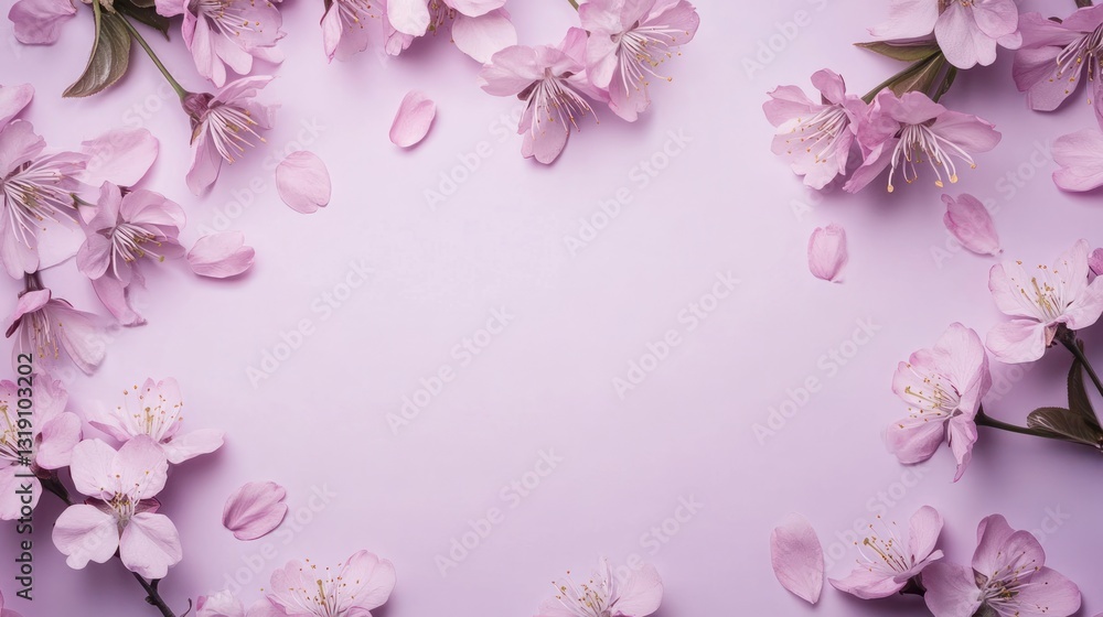 Pastel pink cherry blossoms border, spring flowers, flat lay, floral background, blank space, visual design Pastel pink cherry blossoms border, spring flowers, flat lay, floral background, blank space, visual design