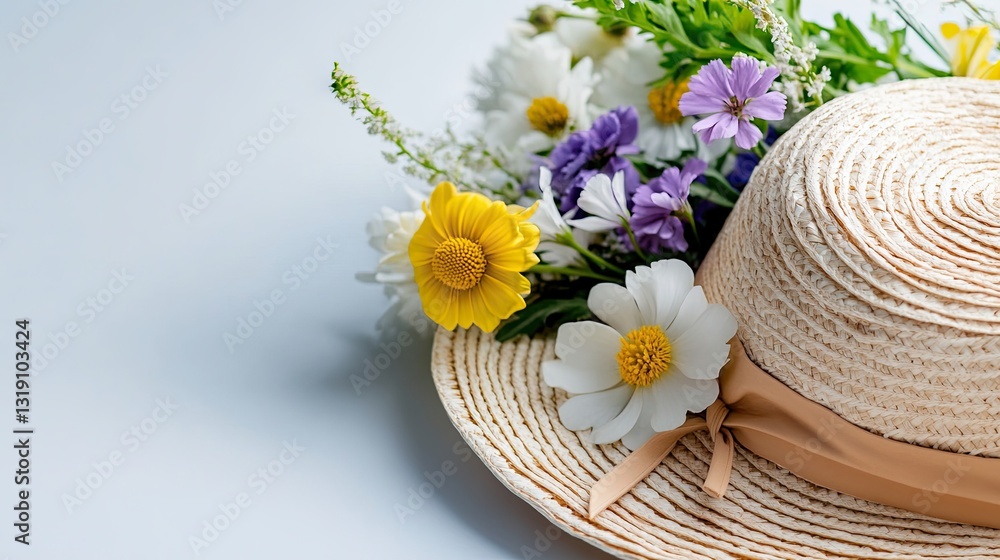 Flowers placed inside a hat or basket on a white background . Flowers placed inside a hat or basket on a white background .
