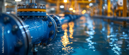 Industrial water pipeline with blue pipes and reflections in water