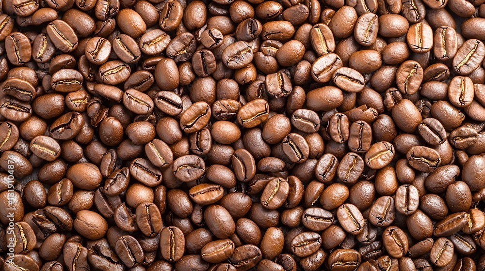 Fototapeta premium Premium coffee beans in extreme close up displaying a rich earthy texture with warm brown and golden undertones The image showcases the organic surface and soft lighting accents