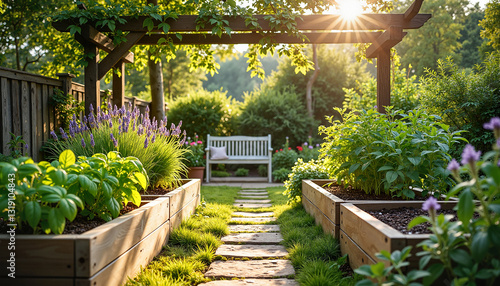 Charming backyard vegetable garden with raised wooden planters and vibrant basil and lavender, serene atmosphere. Concept of sustainable living.