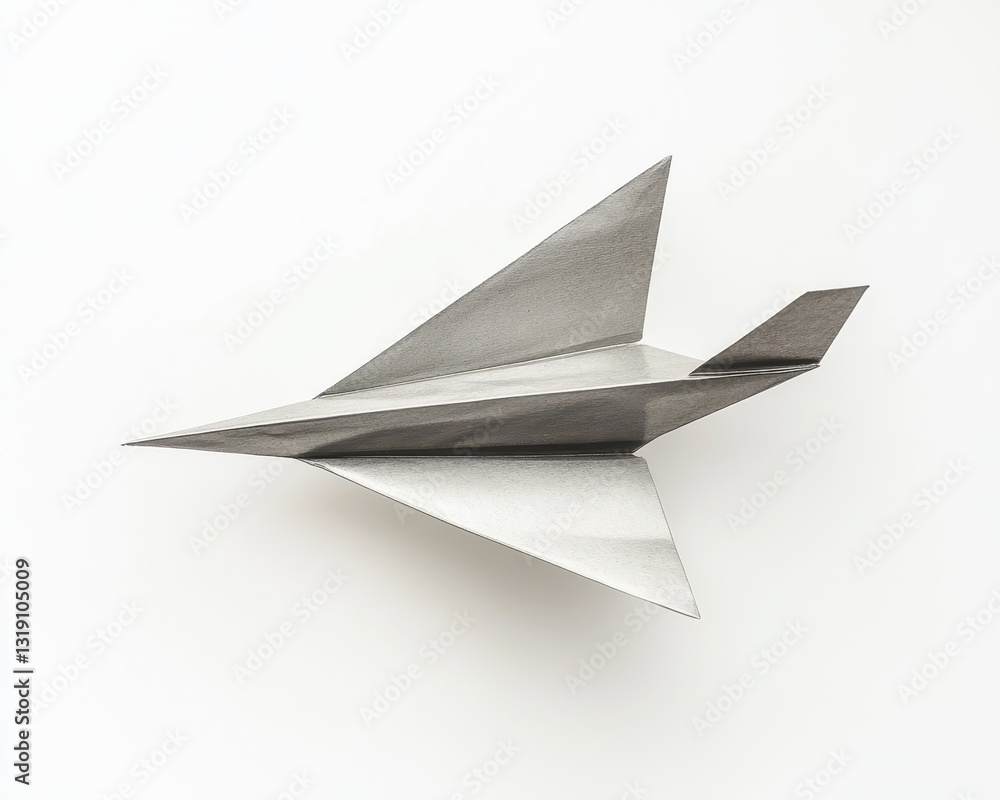 Metallic Paper Airplane Model on a Minimalist White Background Metallic Paper Airplane Model on a Minimalist White Background