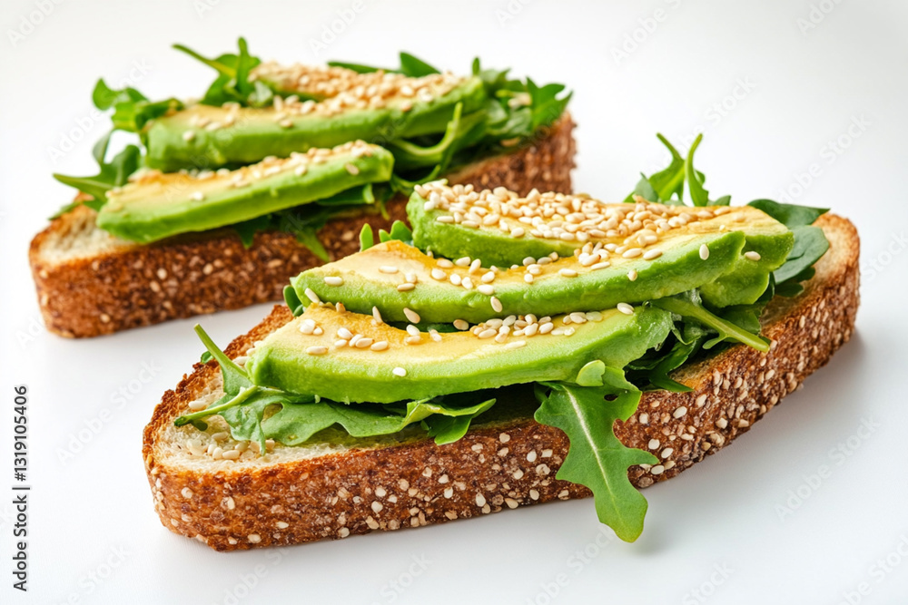 Toast with avocado, greens and sesame seeds, on a white background Toast with avocado, greens and sesame seeds, on a white background