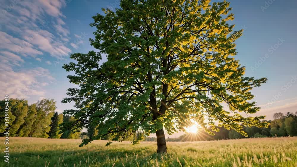 Lush green tree in sunny meadow at sunset, tranquil nature scenery. Serenity concept Lush green tree in sunny meadow at sunset, tranquil nature scenery. Serenity concept