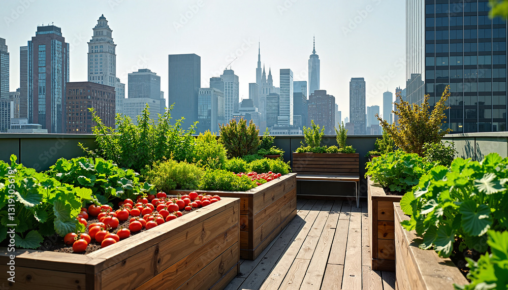 Rooftop vegetable garden with vibrant organic plants and fresh tomatoes overlooking a city skyline, sustainable urban farming concept. Rooftop vegetable garden with vibrant organic plants and fresh tomatoes overlooking a city skyline, sustainable urban farming concept.
