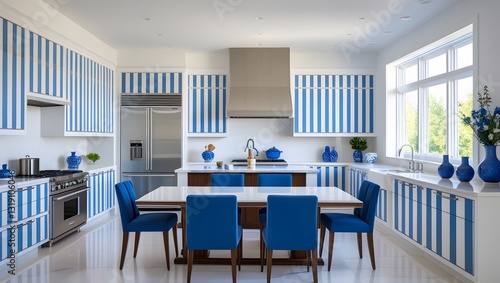 Wallpaper Mural A modern kitchen with white walls, blue and white furnishings, a fridge, a stove, and a sizable dining table is seen from the front. Torontodigital.ca