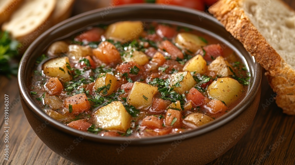 Hearty potato soup in a rustic bowl, garnished with fresh herbs Hearty potato soup in a rustic bowl, garnished with fresh herbs