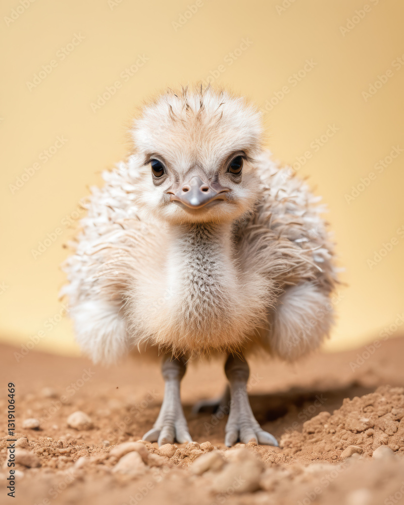 Fototapeta premium baby ostrich doll digs into the ground for hidden insects, fluffy pet.