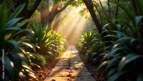 Serene garden pathway illuminated by soft sunlight filtering through the trees