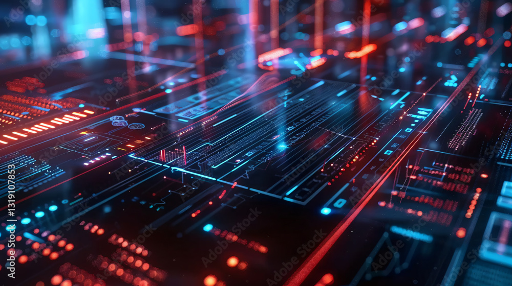 Obraz premium Big Data Technology and AI: 3D Rendering of a Futuristic Circuit, Symbolizing Advanced Artificial Intelligence, Machine Learning, and Neural Network Analytics