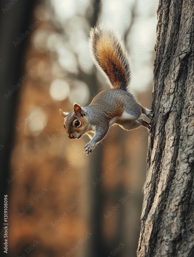 Obraz premium Squirrel's gravity defying leap from a towering tree trunk