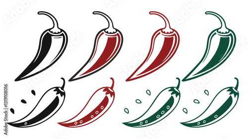 "Set of chili pepper vector illustrations in black, red, and green – spicy food symbols, hot pepper icons, Mexican cuisine elements, and chili graphics for culinary design."
