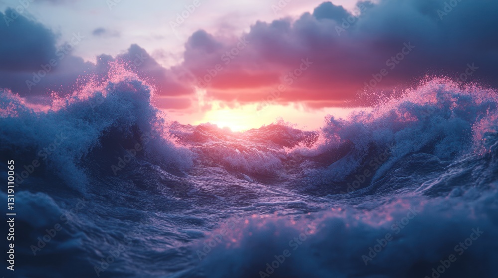 Fototapeta premium Dramatic Ocean Sunset, Powerful Waves, Colorful Sky