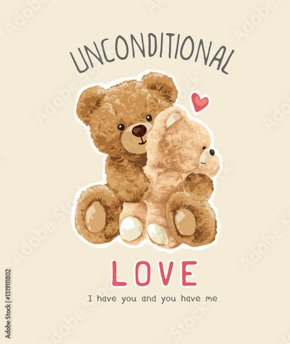 love slogan with cute bear doll parental hugging vector illustration