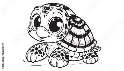 Vector illustration of cartoon turtle black and white drawing For children to learn to color according to the picture.