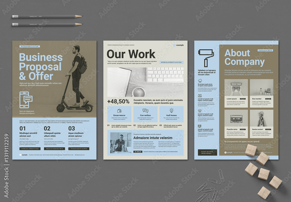 Project Flyer Template with Soft Flat Design in Light Blue and Brown ...