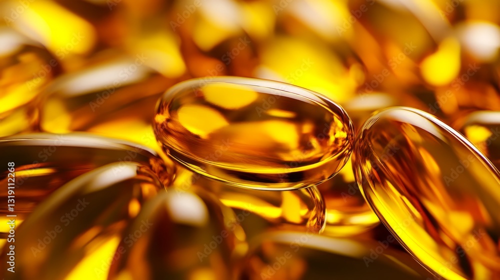Close up of vibrant fish oil capsules emphasizing their texture and reflections in detail Close up of vibrant fish oil capsules emphasizing their texture and reflections in detail