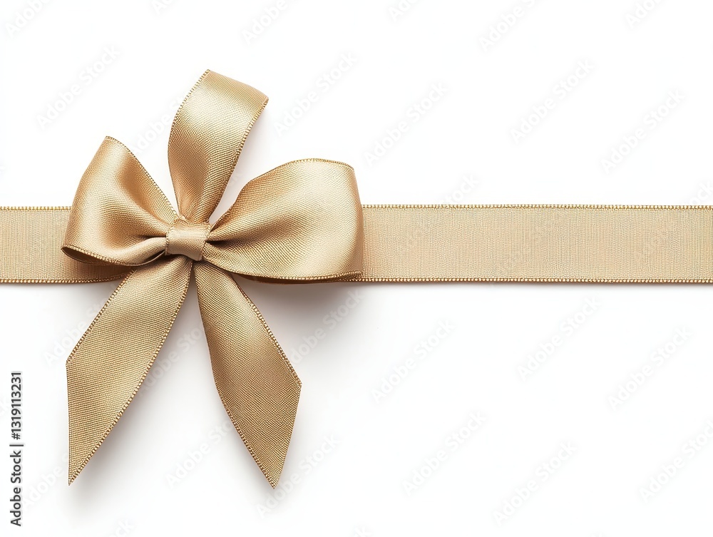 Fototapeta premium Elegant gold bow on a ribbon against a clean white background, perfect for gift wrapping