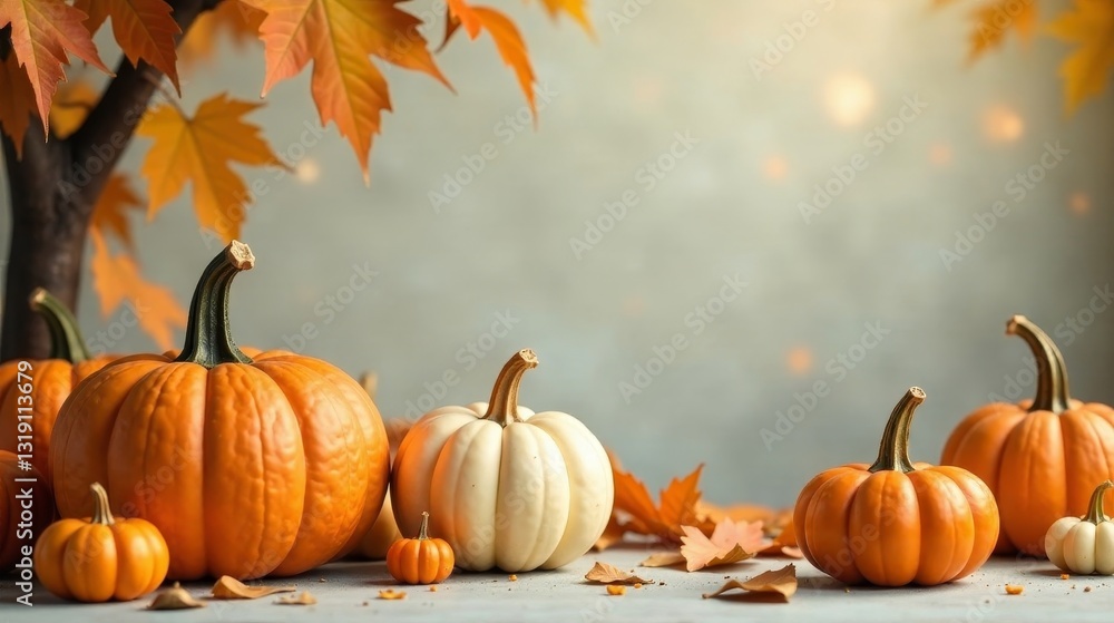 Autumnal Still Life Featuring a Collection of Pumpkins and Fall Foliage Arranged on a Tabletop Autumnal Still Life Featuring a Collection of Pumpkins and Fall Foliage Arranged on a Tabletop
