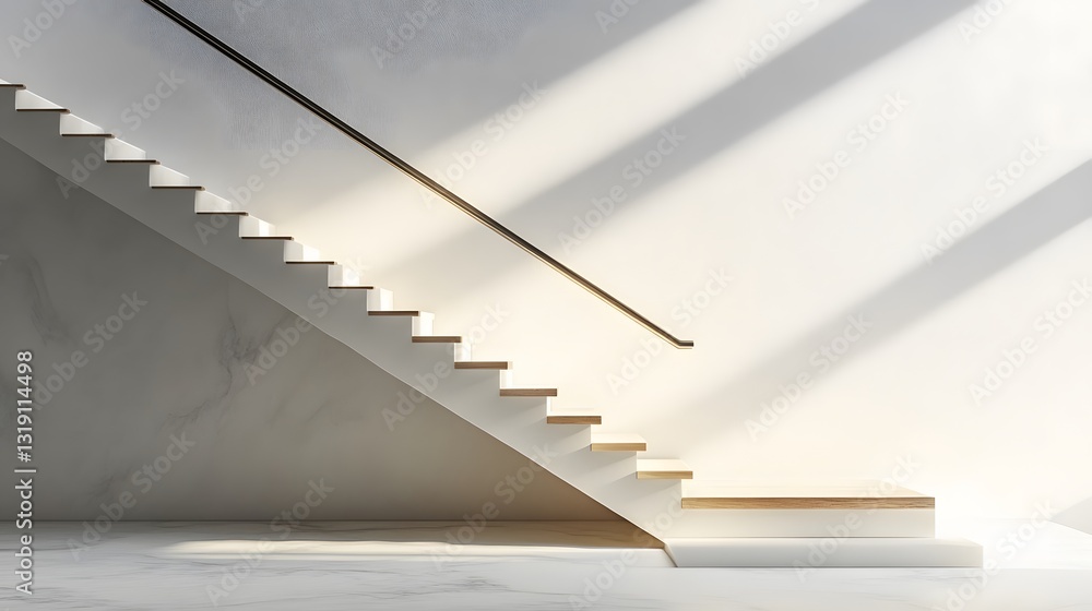 Fototapeta premium Modern staircase with sleek metal railings ascends white minimalist walls illuminated by subtle lighting, creating geometric architectural composition with clean lines and spacious text areas. 