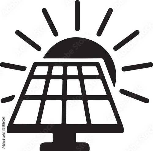 Black Solar Panel Icon with Sun Rays, Vector Illustration for Renewable Energy Concepts